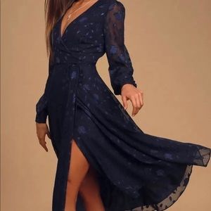 Lulus Evening of Elegance Navy Blue Floral Jacquard Wrap Midi Dress